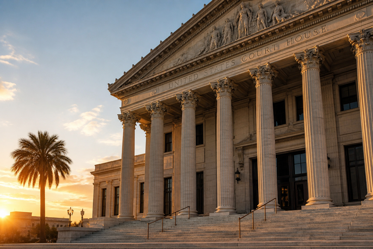 Courthouse with classical columns at golden hour