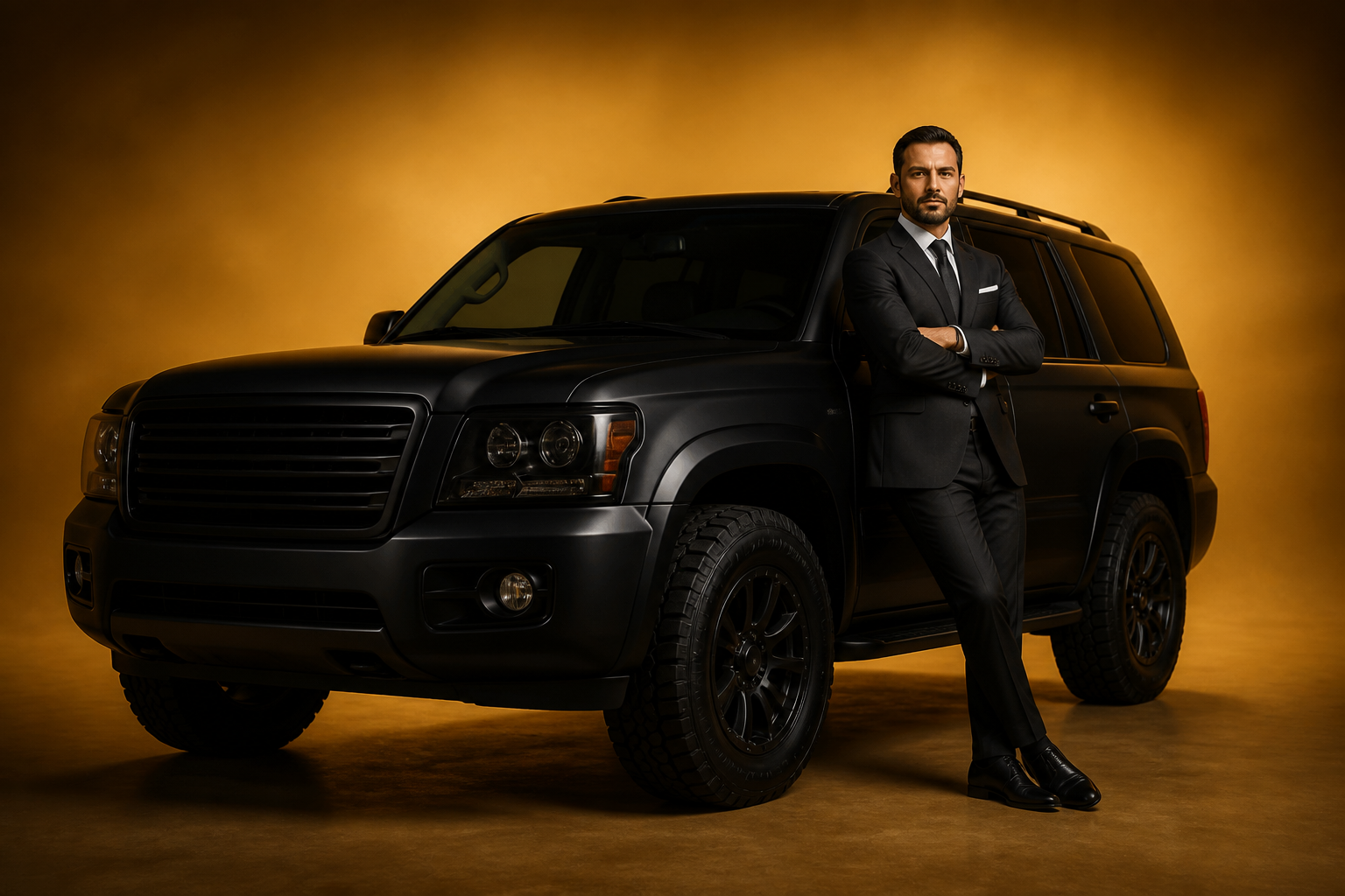Titan Injury Attorneys lawyer leaning against the firm's rugged SUV